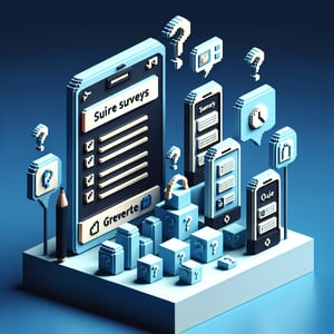 3D voxel art depicting concept of online mobile app surveys on a dark blue background.
