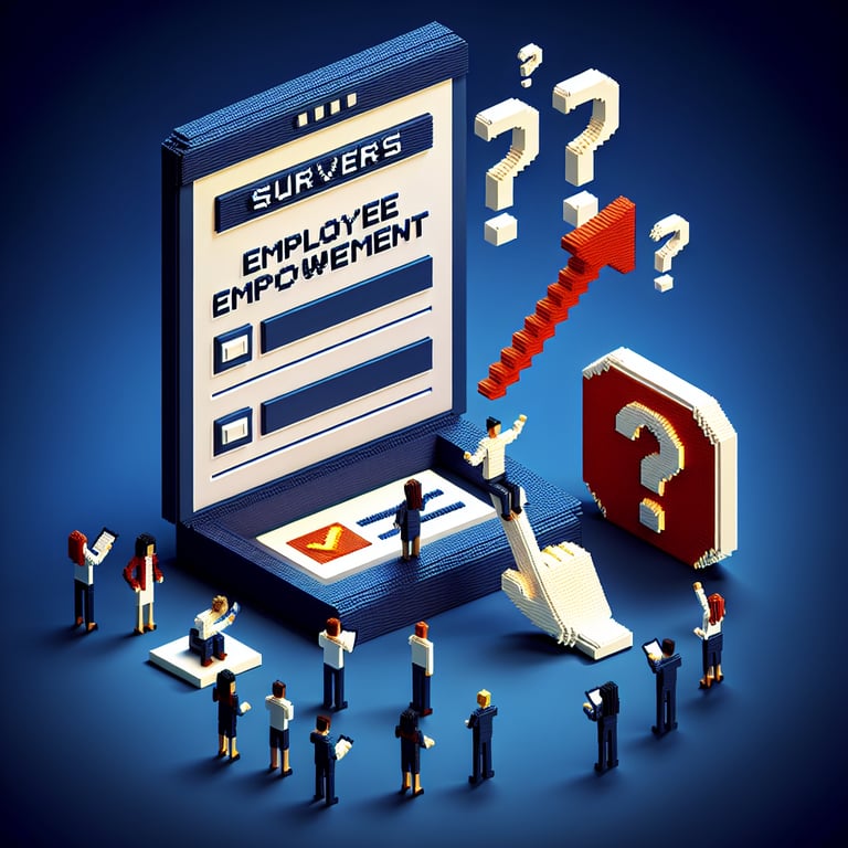 3D voxel art illustrating online employee empowerment survey, set against a dark blue background.
