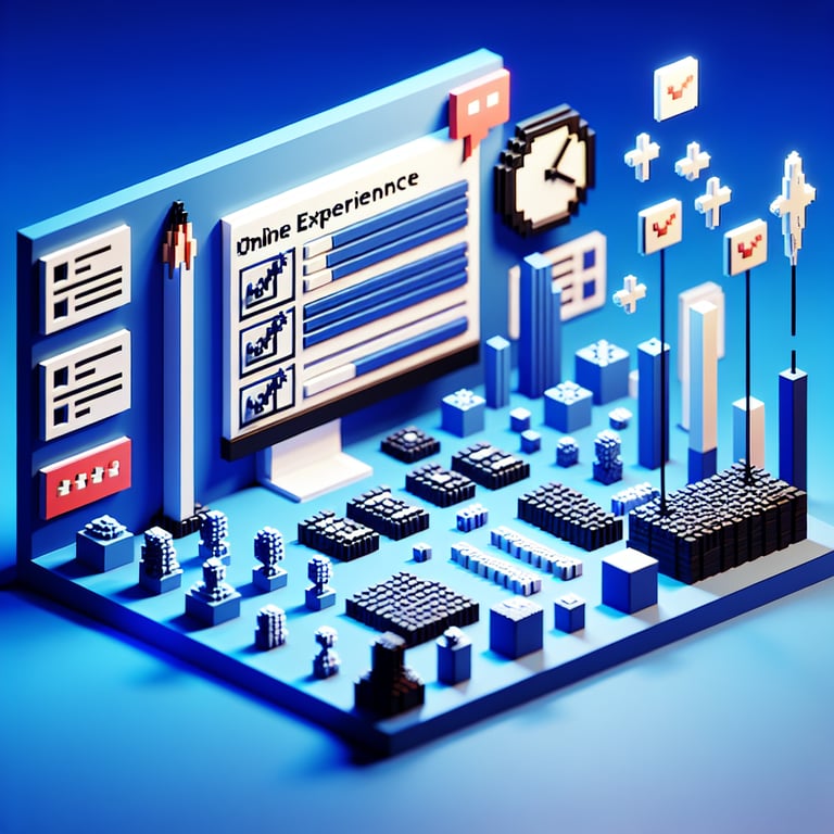 Artistic 3D voxel highlighting feedback loops and UX questionnaire motifs