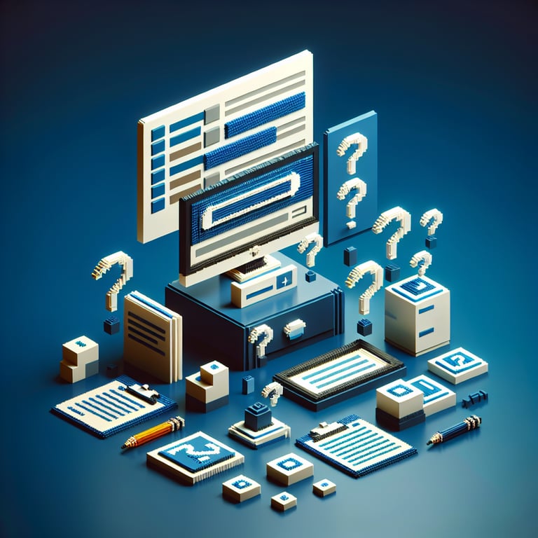 3D voxel art depicting online surveys, featuring engaging elements on a dark blue background.