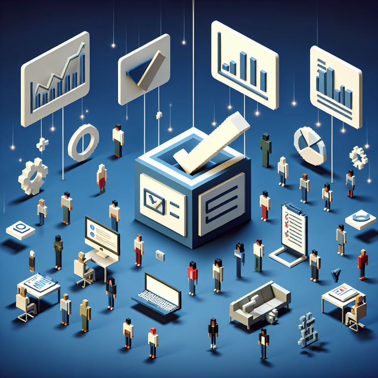 3D voxel art depicting online market analysis surveys with a dark blue background.
