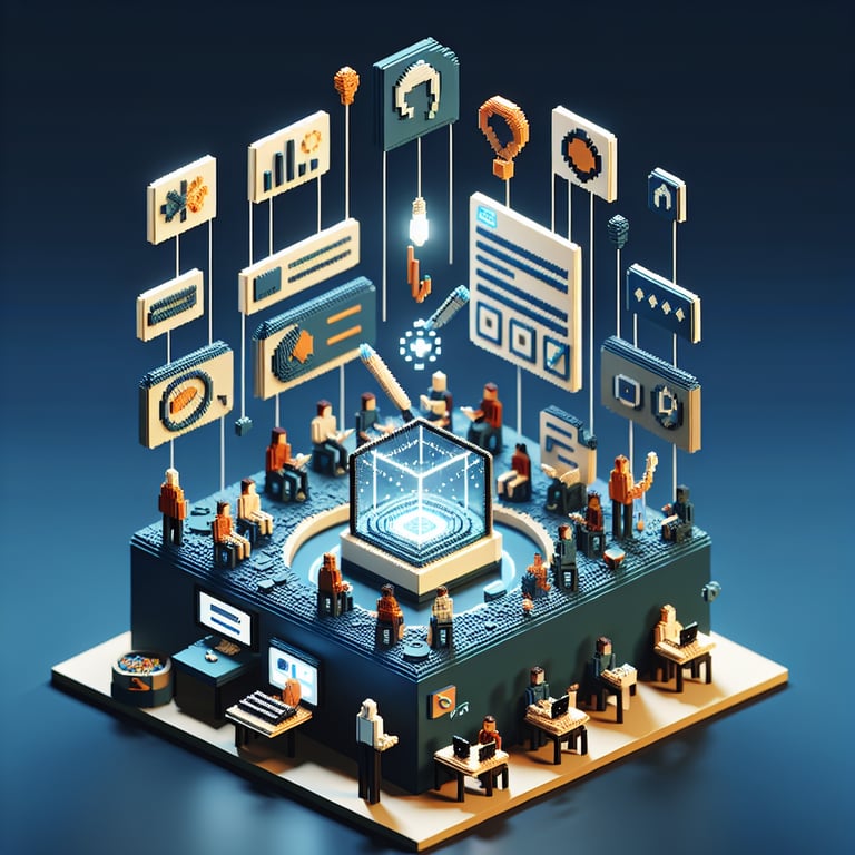 3D voxel art depicting online technology surveys with a dark blue background.