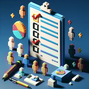 3D voxel art depicting online surveys and questions on a dark blue background.
