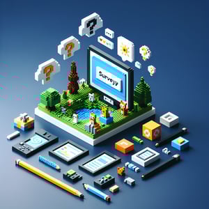 3D voxel art of online surveys with engaging elements on a dark blue background.