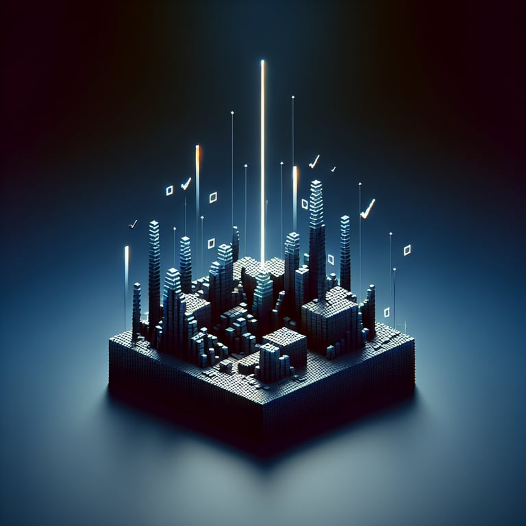 3D voxel art depicting the concept of online citizen surveys on a dark blue background.