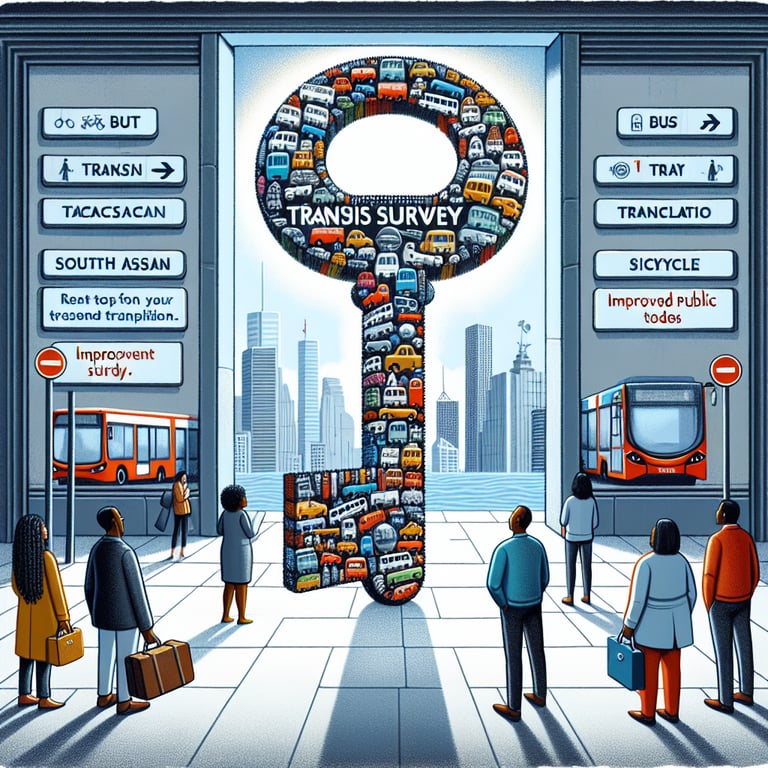 Illustration depicting the use of transit survey questions as a key to improving public transportation.