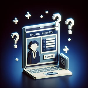 3D voxel art depicting online iso 9001 customer satisfaction survey process on a dark blue background.