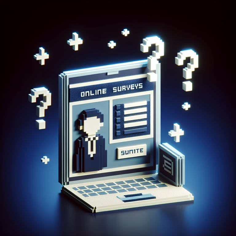 3D voxel art depicting online iso 9001 customer satisfaction survey process on a dark blue background.