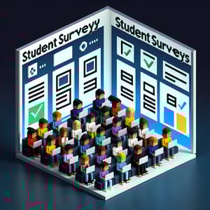 3D voxel art depicting online student surveys on a dark blue background.