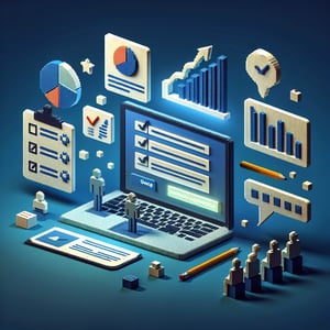 3D voxel art depicting the concept of online management style survey questions on a dark blue background.