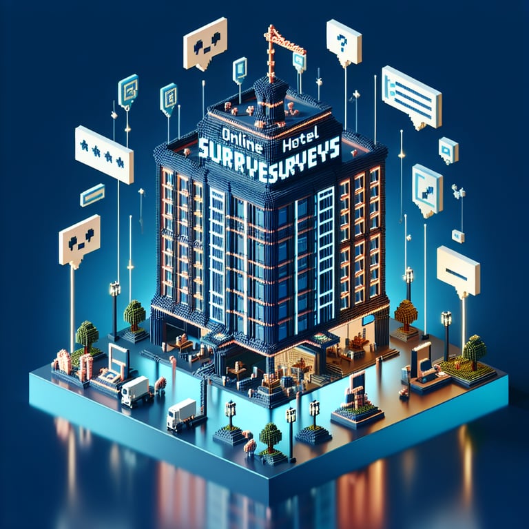 3D voxel art depicting online hotel survey concept on a dark blue background.