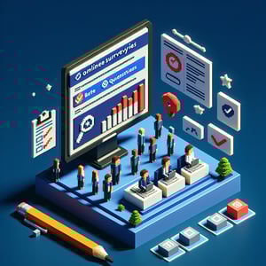 3D voxel art depicting online employee activity surveys, set against a dark blue background.