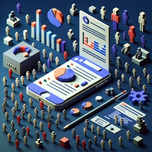 3D voxel art depicting online surveys and questions on a dark blue background.