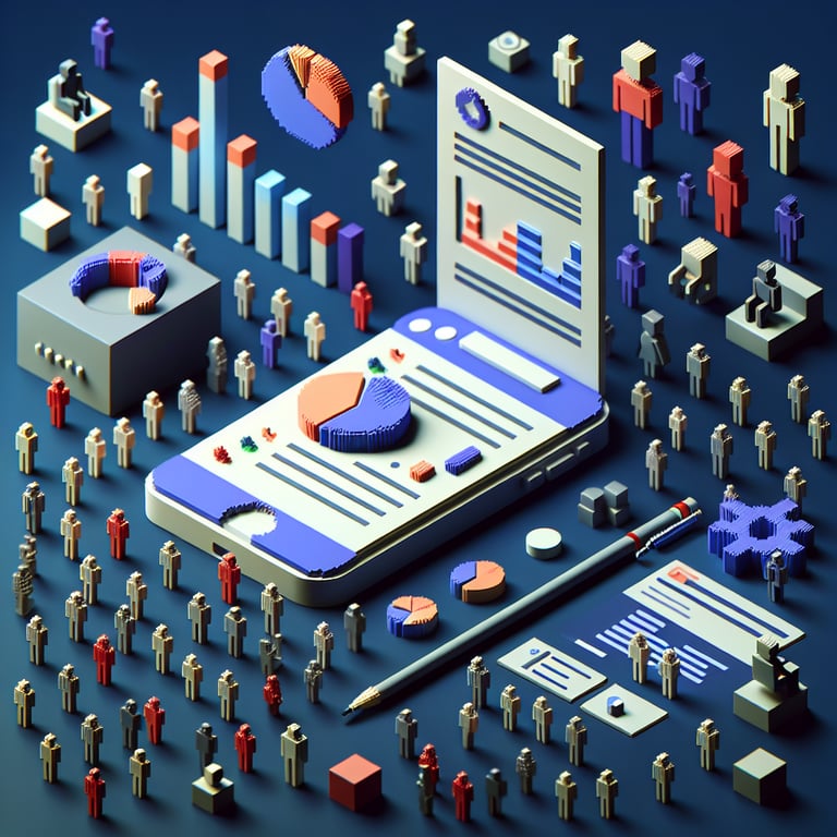 3D voxel art depicting online surveys and questions on a dark blue background.