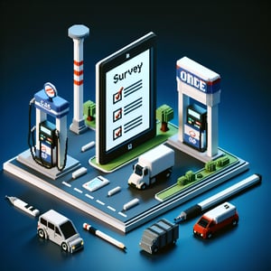 3D voxel art depicting online gas station survey concept on a dark blue background.