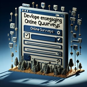 3D voxel art depicting online data literacy surveys on a dark blue background.