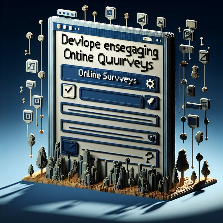 3D voxel art depicting online data literacy surveys on a dark blue background.