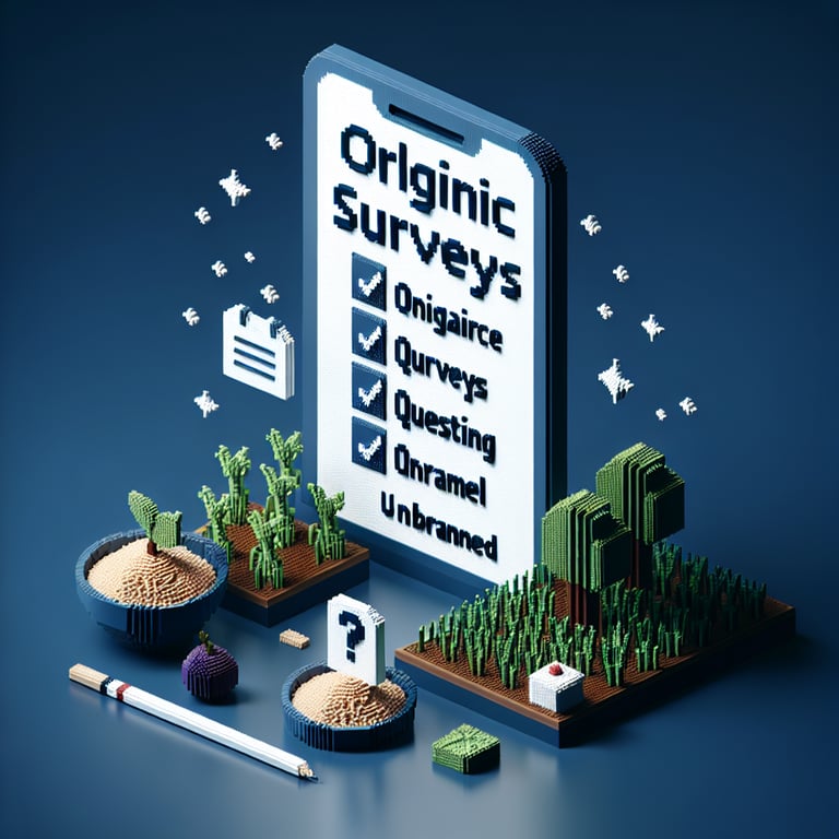 3D voxel art depicting online organic food survey with a dark blue background.