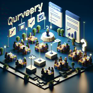 3D voxel art depicting online surveys on a dark blue background, symbolizing effective meeting survey questions.