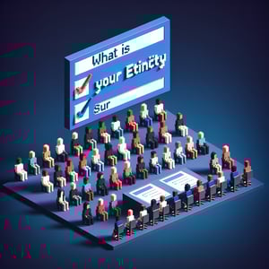 3D voxel art illustrating online ethnicity survey questions on a dark blue background.