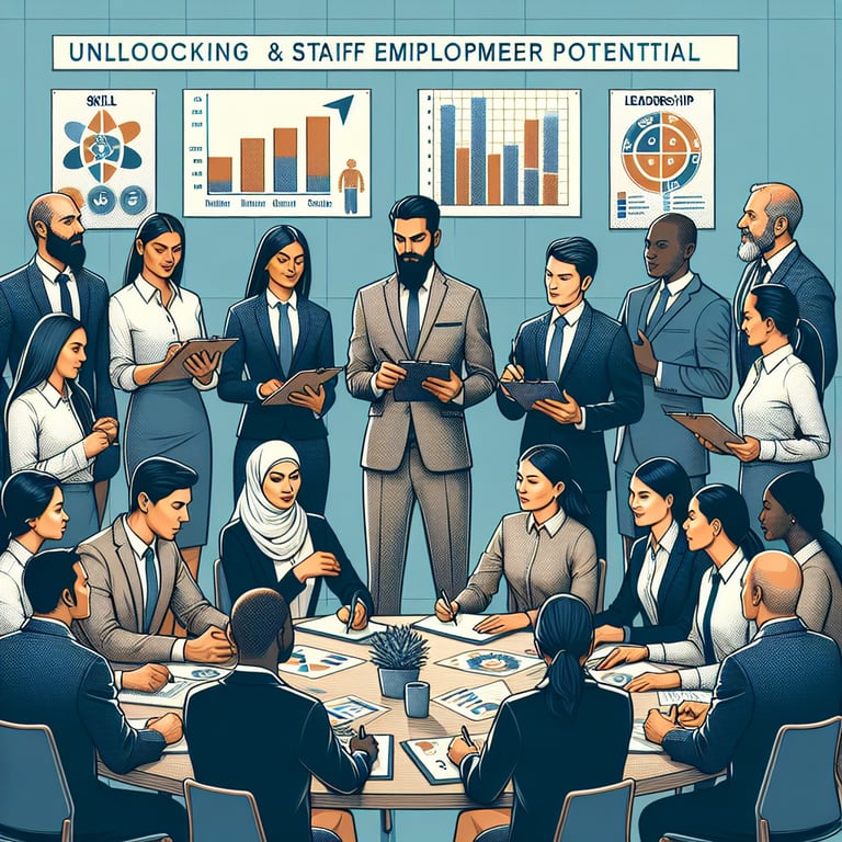 Unlocking Employee Potential illustration with key Staff Development survey questions and outcomes