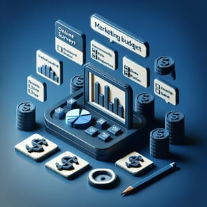 3D voxel art depicting online surveys, symbolizing marketing budget survey questions on a dark blue background.