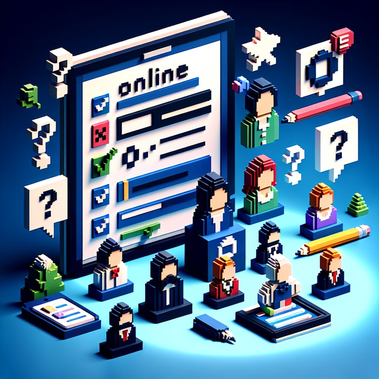 3D voxel art depicting online professor surveys on a dark blue background.