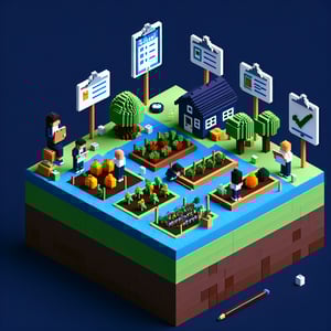3D voxel art depicting online school garden surveys with a dark blue background.