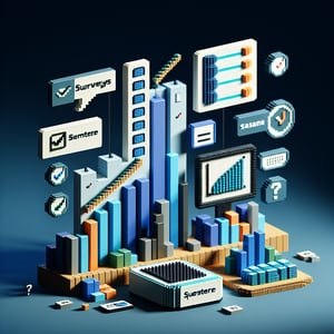 3D voxel art depicting online surveys, with a dark blue background, devoid of text, logos or branded content.