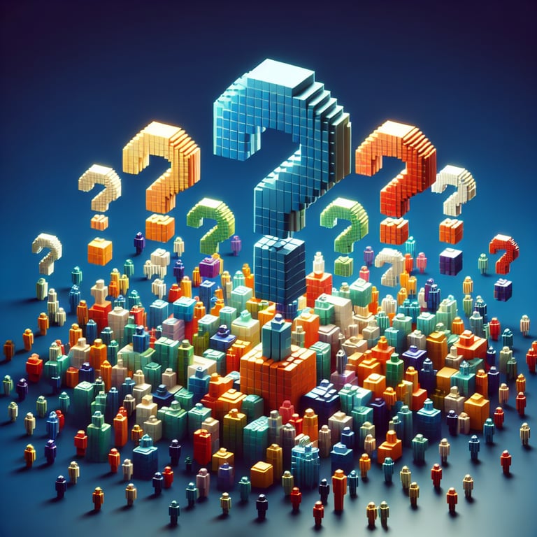 Artistic 3D voxel illustration of presentation assessment process