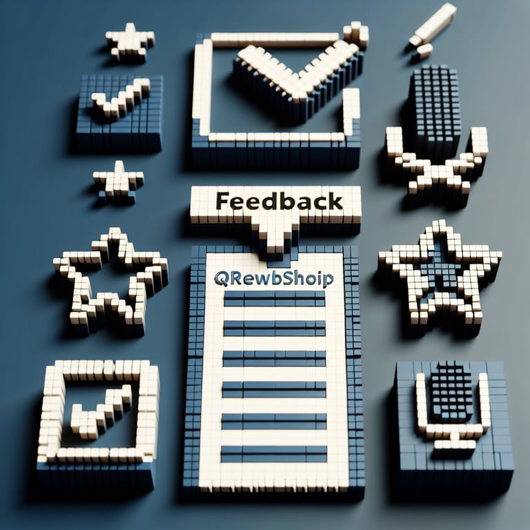3D voxel art depicting the concept of online workshop feedback surveys on a dark blue background.