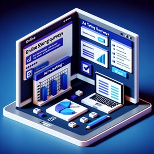 3D voxel art depicting online ad testing surveys, featuring engaging elements on a dark blue background.