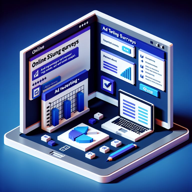 3D voxel art depicting online ad testing surveys, featuring engaging elements on a dark blue background.