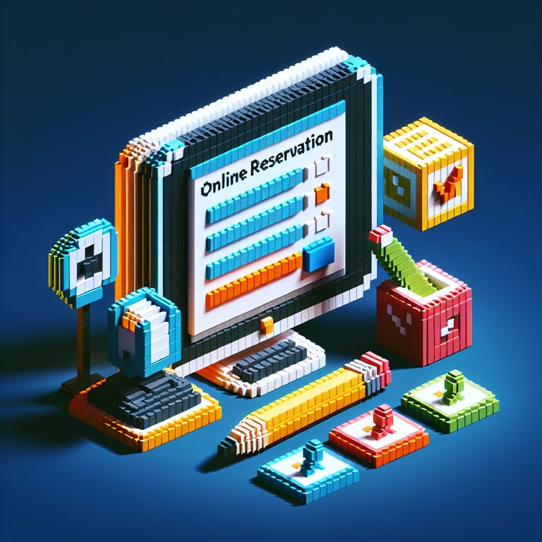 3D voxel art depicting the concept of engaging with online reservation system surveys on a dark blue background.