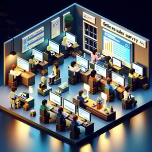3D voxel art depicting online pre-sales surveys with a dark blue background.