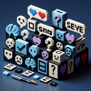 3D voxel art representing an online survey about mental health stigma on a dark blue background.