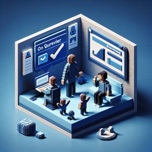 3D voxel art depicting an online survey concept, with a focus on parent involvement, on a dark blue background.