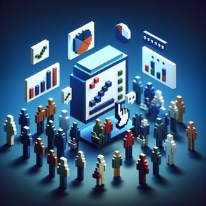 3D voxel art depicting online surveys and questions on a dark blue background.