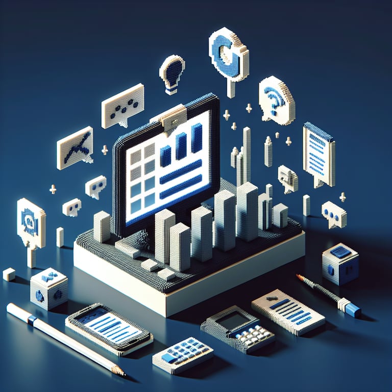 3D voxel art depicting online organizational communication surveys on a dark blue background.
