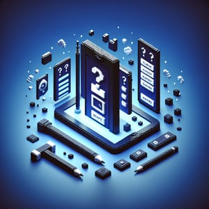 3D voxel art depicting online surveys on electronic devices, set against a dark blue background.