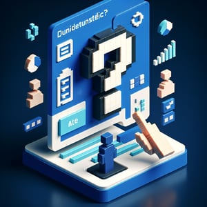 3D voxel art depicting online demographic surveys on a dark blue background.