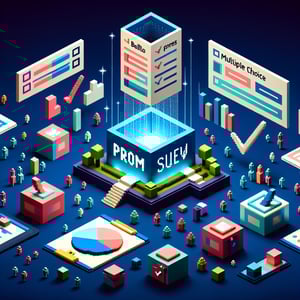 3D voxel art depicting online prom survey concept on a dark blue background.