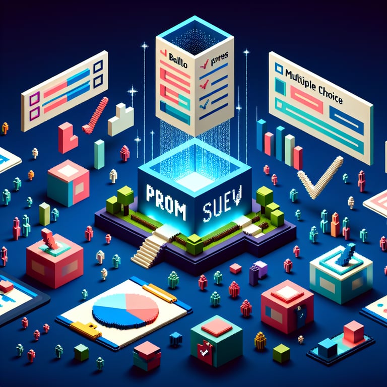 3D voxel art depicting online prom survey concept on a dark blue background.