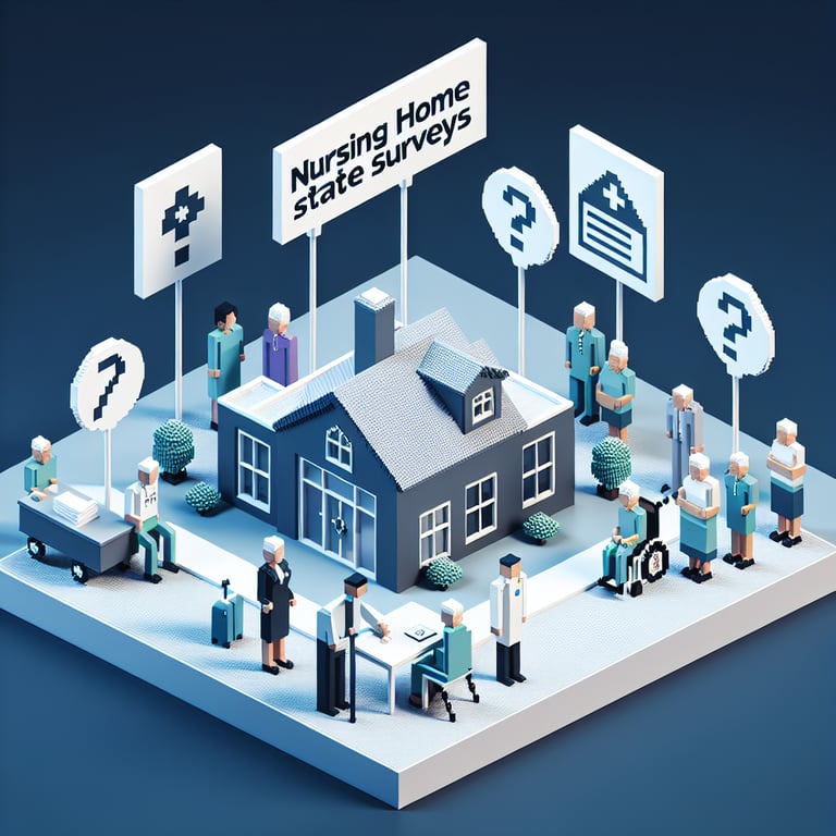 3D voxel art depicting online surveys related to nursing home state inspections on a dark blue background.