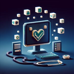 3D voxel art depicting online health care surveys on a dark blue background.