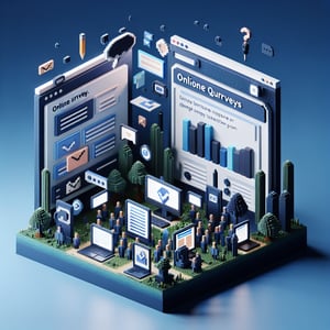 3D voxel art depicting the concept of online surveys and questions on a dark blue background.