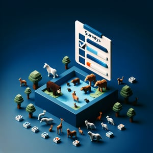 3D voxel art of online surveys with animal interaction themes on a dark blue background.