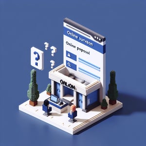 3D voxel art depicting online salon business proposal surveys on a dark blue background.