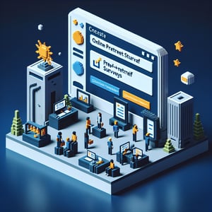 3D voxel art depicting online surveys, set against a dark blue background, symbolizing pre-retreat staff survey.