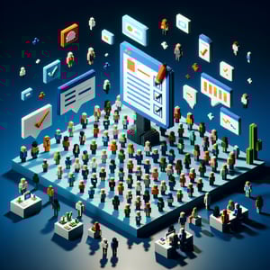 3D voxel art depicting the concept of online customer satisfaction surveys on a dark blue background.